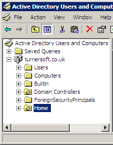 Active Directory Users and Computers showing example AD domain layout