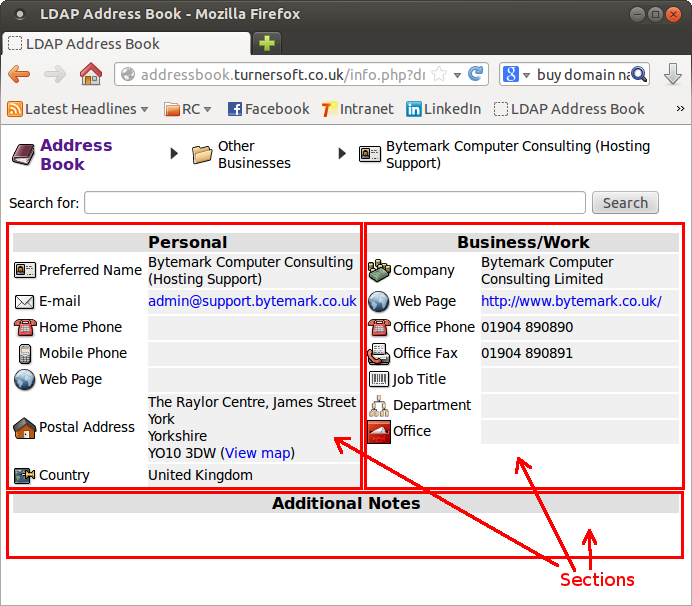 Default address book layout, with personal, business/work and additional notes sections